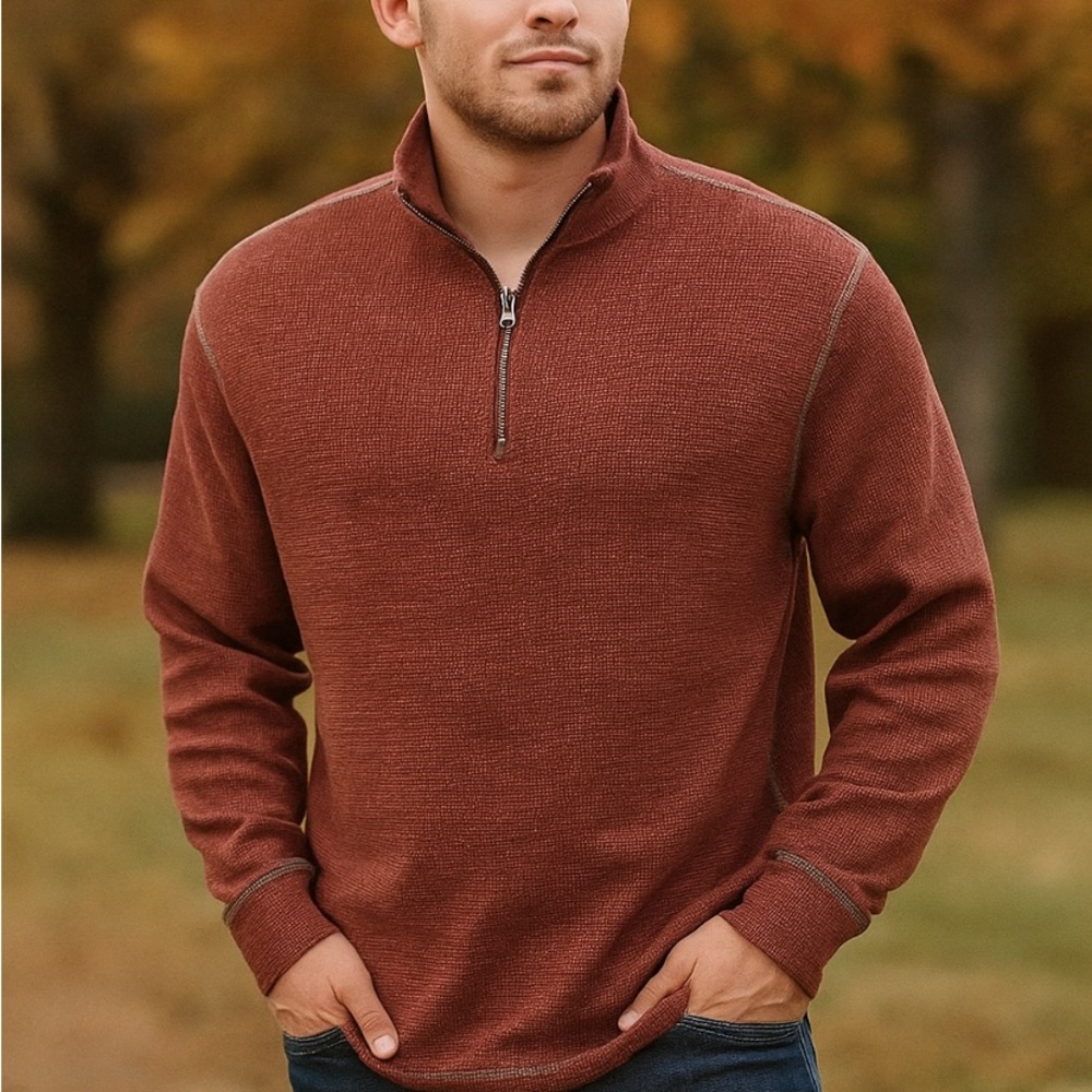 Men’s RedHead Brand Co Thermal Pullover Sweater XL Burgundy Quarter Zip - Picture 2 of 9